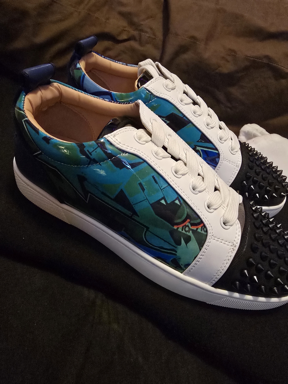 Christian Louboutin Kids Blue Graphic Lace-Up Sneakers with Black Studded Toe